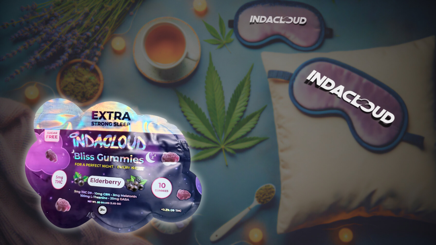 We Took 2 Years To Create The Best Sleep Possible… 2 Indacloud Bliss Gummies For Sleep, With Cannabis-Themed Bedtime Items.