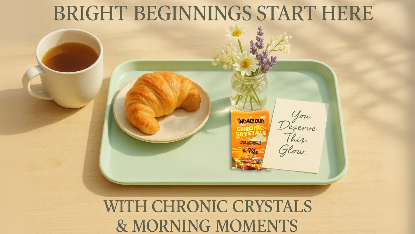 Day Time Chronic Crystals And Mother'S Day: A Perfect Match For Bright Beginnings 7 Breakfast Tray With Croissant, Tea, Flowers, And Chronic Crystals Packet.
